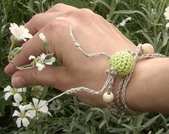Crochet Linen Wrap Bracelet: Boho Indie Style, Grey & Neon Yellow