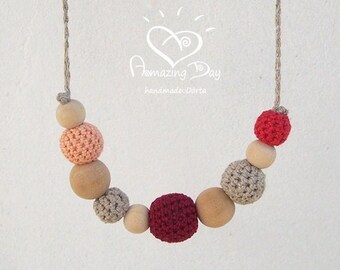 Rose THIN Necklace, Pink Red Magenta LINEN Crochet Necklace,  Wooden bead Jewelry, Small bead Handmade Necklace necklace for girl, women