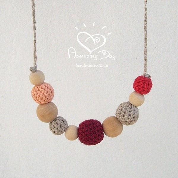 Rose THIN Collier, Rose Rouge Magenta LINEN Crochet Collier, Bijoux en Perles en Bois, Petite Perle Collier Fait à la Main Collier pour fille, femmes