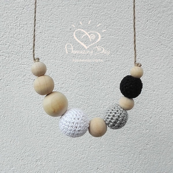 Collier au crochet noir gris blanc, collier classique dégradé, bijoux au crochet ombre, cadeau écologique élégant pour nouvelle maman grand-mère cadeau pour végétalien