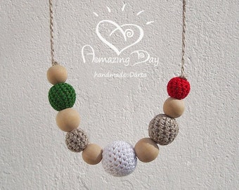 Green White Red Necklace, Crochet CHRISTMAS Necklace, ITALY color Necklace, Organic Eco friendly Gift for Modern Mom, Christmas gift for Her