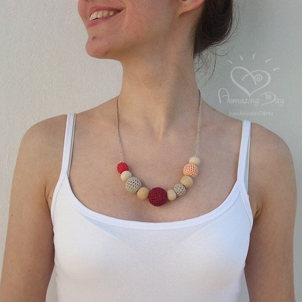 Rose Crochet Necklace, Pink Red Magenta Gray Eco Necklace, Organic Modern Necklace for Mom, Grandmom, Linen & Wood Waldorf Hipster Necklace