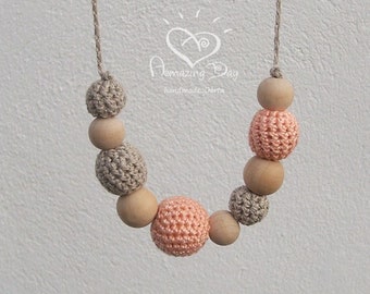 Crochet Wood Bead Necklace: Organic Linen Cotton Jewelry