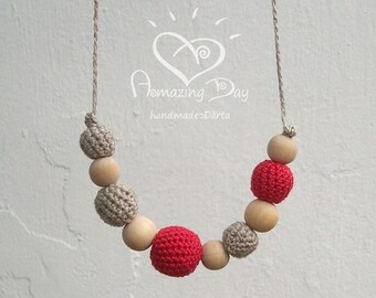 TOP ECO Necklace Grey Red Crochet Necklace, Natural Gift for Wife, Linen Hipster Organic Boho Necklace BEST Trendy Jewelry for Modern Mom