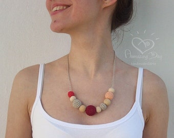 Rose Crochet Necklace, Pink Red Magenta Gray Eco Necklace, Organic Modern Necklace for Mom, Grandmom, Linen & Wood Waldorf Hipster Necklace