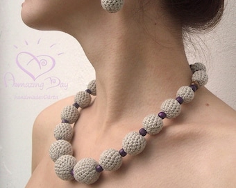 LINEN Crochet NECKLACE, Rustic Crochet bead Wooden beads. Purple, Lilac Natural light grey Chunky Necklace. Modern Statement Necklace Fall