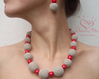 Chunky Red & Grey NECKLACE. Crocheted LINEN necklace. Mother's Day gift. Christmas gift. Linen beads.  Red Wooden Crochet bead ball Necklace