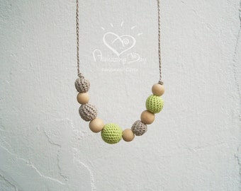 Linen Lime Necklace, Grey & Neon Yellow Modern Crochet ball Necklace, Eco friendly Boho Necklace, Lime Grey Trendy Jewelry, Best Gift