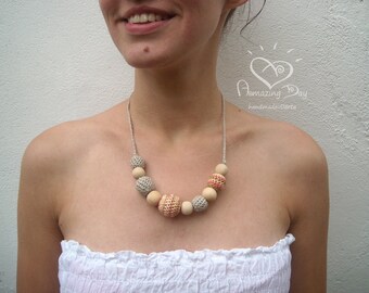 Boho Crochet Necklace, Pale Pink & grey Crochet ball Necklace, Mild Linen ball Eco friendly Beaded Necklace for Modern Moms, Grandmoms