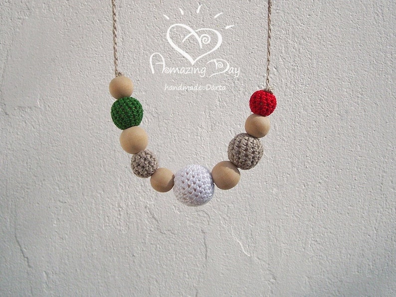 Green White Red Necklace, Crochet CHRISTMAS Necklace, ITALY color Necklace, Organic Eco friendly Gift for Modern Mom, Christmas gift for Her image 1