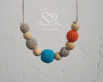 Natural Bright Necklace, Grey Blue Orange Necklace, Crochet Bead Hipster Necklace, TOP Organic Linen Eco friendly Waldorf Jewelry for Mommy