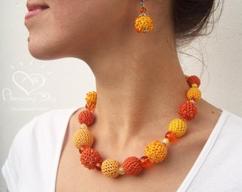Crocheted Statement NECKLACE Yellow Orange Honey crochet bead Necklace Sunny Fall Necklace. Contemporary crochet Seed bead Textile jewelry