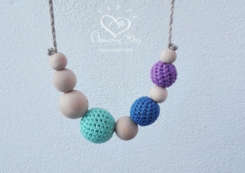 Mint Green Blue Purple Necklace Minimalist Thin Necklace Crochet Necklace Gift for New Mom Girls Jewelry Wood Linen Cotton Necklace