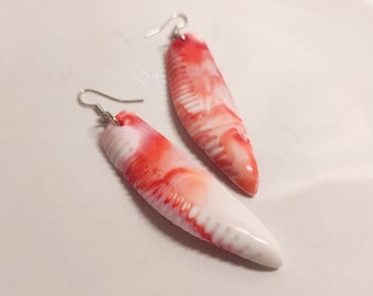 Red White Marble Acrylic Dangle Earrings: Fossil Shape