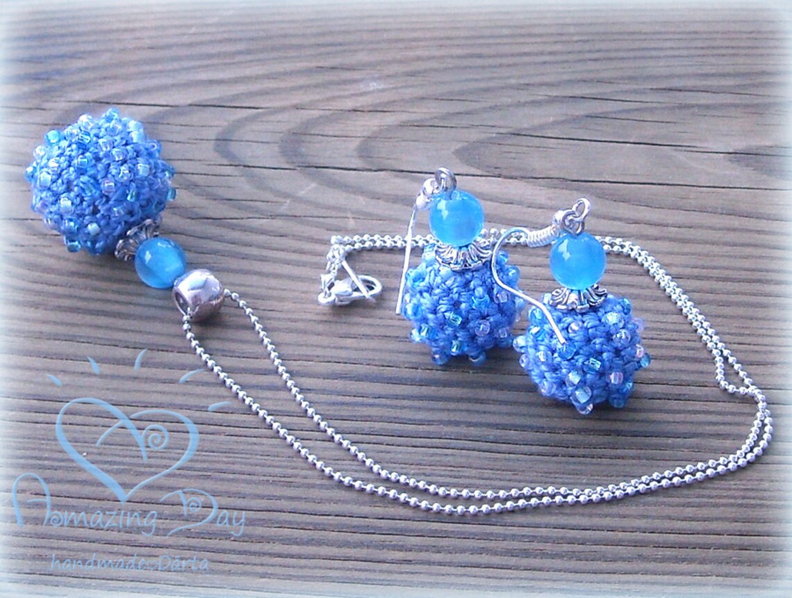 Delicate Jewelry SET Crochet Seed Beaded Pendant & Earrings. Sky Blue