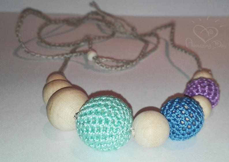 Mint Green Blue Purple Necklace Minimalist Thin Necklace Crochet Necklace Gift for New Mom Girls Jewelry Wood Linen Cotton Necklace
