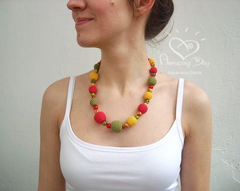 Crochet bead NECKLACE. Red Green Yellow bubble Necklace. Bright jewelry Contemporary crochet ball Jewelry. Modern Spring Necklace HOT trend