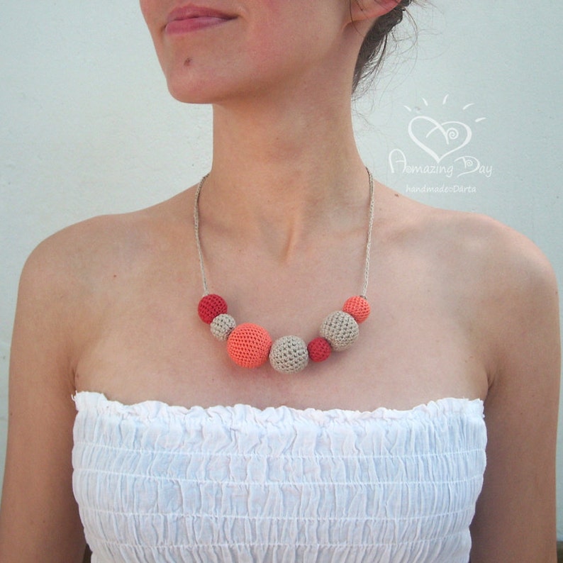 Natural Linen Necklace, Grey Red Linen Crochet Fashion Eco Jewelry, Vegan friendly Necklace, Organic Mommy Necklace, Rustic Necklace Gift image 1