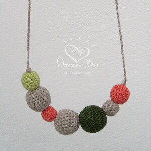 Bright Eco Ball Necklace, Indie Linen Crochet Mommy Necklace, Gray Green Pink Organic Hipster Textile art TOP Necklace-Bracelet Gift for Her