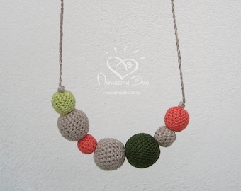 Bright Eco Ball Necklace, Indie Linen Crochet Mommy Necklace, Gray Green Pink Organic Hipster Textile art TOP Necklace-Bracelet Gift for Her