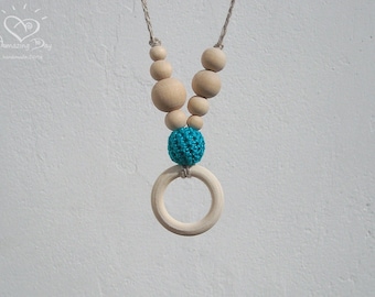 Wooden Ring Necklace, Simple Crochet Necklace, Asymmetric Sling Necklace, Eco Ring Necklace, Blue Turquoise Necklace, Hot NEW MOMs Jewelry