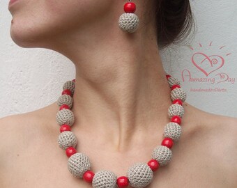 LINEN Jewelry SET, Rustic Crochet bead /ball Necklace & Earrings. Organic Chunky Eco Jewelry. Trendy Jewelry Set, BEST Etnic Elegant jewelry
