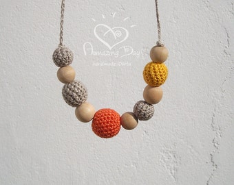 Yellow Gray Orange Crochet Necklace, Simple Crochet Organic Necklace for Mom, Fall/ Easter Jewelry, Sunny Montessori Necklace Wooden Bead