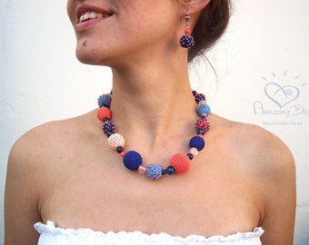 Fiber Art Necklace Blue Pink Salmon Crochet bead Necklace, Royal Best Gift For WIFE, Original Textile Bright Necklace 2024 Must have Jewelry
