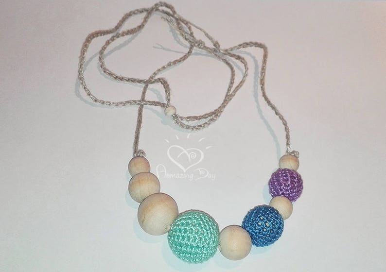 Mint Green Blue Purple Necklace Minimalist Thin Necklace Crochet Necklace Gift for New Mom Girls Jewelry Wood Linen Cotton Necklace