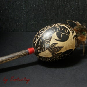 South American Carved Instrument Tutuma fruit Maracas Rattles Shipibo decorated Peruvian percussive