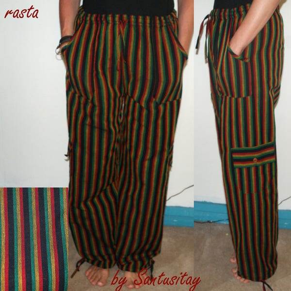 SIZE S M L Rasta Cotton Trousers Ethnic Boho Hippi Incredible Comfortable rasta sky red yellow green stripes colours funky travel YOGA pants