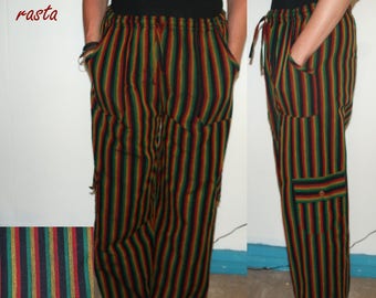 SIZE S M L Rasta Cotton Trousers Ethnic Boho Hippi Incredible Comfortable rasta sky red yellow green stripes colours funky travel YOGA pants