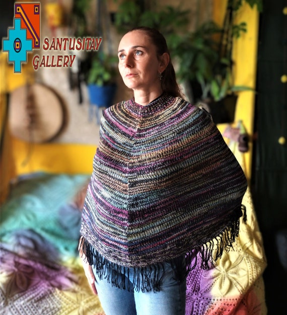 Poncho en laine d'alpaga multicolore col chaud tricoté doux cadeau