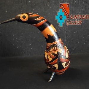 Peruvian Bird Carved Gourd Calabash Sculpture Statue Peruvian Folk Art Hand Carved brown beige Mate Burilado
