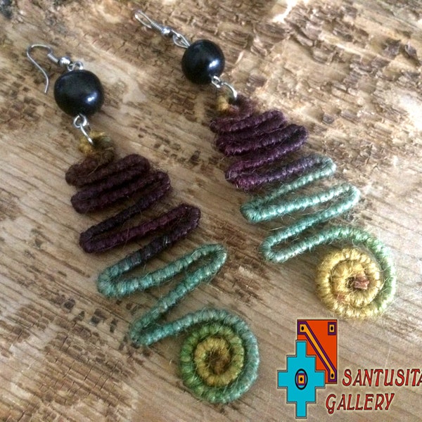 Handcrafted twine cord hemp macrame wire Earrings decorated black acai seeds natural sizal cord brown green yellow