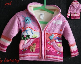 2 years old fleece lined Alpaca Wool Sweater girl boy kids long fairy hoodie cardigan Soft Warm Knitted embroidered funny application
