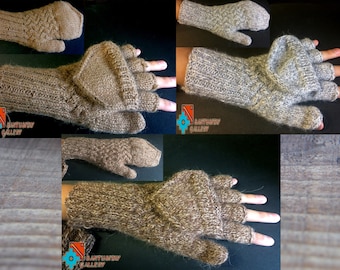Exclusive Alpaca wool Warm thick soft brown grey bronze Flip Cap Finger less Winter Gloves Mittens 2 in 1 Hand Knitted winter Christmas