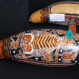 South American Carved Instrument Guiro Peruvian Folk Art Hand Carved Ehnic percussive nazca lines rural life rain forest life decorated