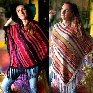 Exclusive Long Warm soft Hand Knitted Poncho neck warmer Hand Made Alpaca Wool embroidered strawberry fuchsia orange yellow fringes gift