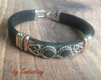 Black leather bracelet with black obsidian stone embroidered with alpaca metal jewelry hand made crafted natural boho hippi gift