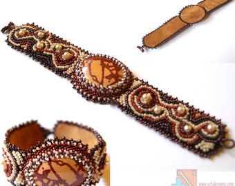 Beautiful Rusty Bracelet Coffee with Cinnamon Jasper stone embroidery hand made suede czech beads toho glass beads