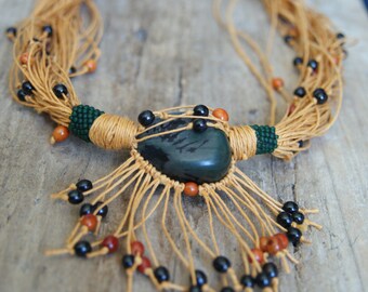 Ochre necklace with Tagua and achira seeds green brown pendant hand made beads natural jewellery yellow linen cord embroidered green beads