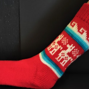 Warm soft Peruvian socks Knitted Alpaca wool multi colour oversized geometric ethnic designs natural delicate llamas cozy breathable Red