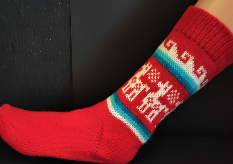 Warm soft Peruvian socks Knitted Alpaca wool multi colour oversized geometric ethnic designs natural delicate llamas cozy breathable Red