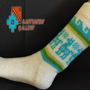 Warm soft Peruvian socks Knitted Alpaca wool multi colour oversized geometric ethnic designs natural delicate llamas cozy breathable white/turquoise