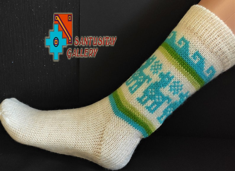Warm soft Peruvian socks Knitted Alpaca wool multi colour oversized geometric ethnic designs natural delicate llamas cozy breathable white/turquoise