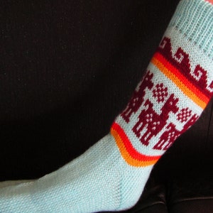 Warm soft Peruvian socks Knitted Alpaca wool multi colour oversized geometric ethnic designs natural delicate llamas cozy breathable light blue