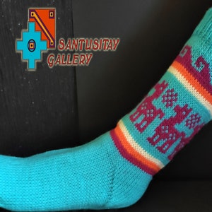 Warm soft Peruvian socks Knitted Alpaca wool multi colour oversized geometric ethnic designs natural delicate llamas cozy breathable turquoise