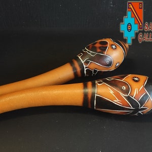 South American Carved Instrument Maracas Rattles Peruvian Folk Art Hand Carved Ehnic percussive head of spirits