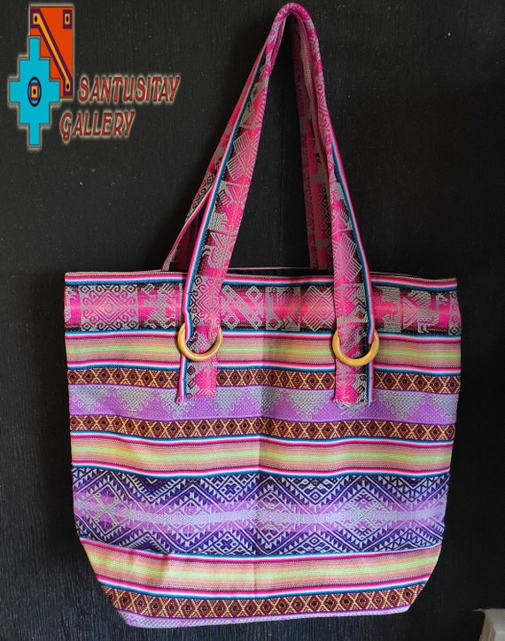 Big Beautiful colourful hand shoulder bag ethnic in hippy style boho tribal multicolour stripes purple red green blue green holiday summer